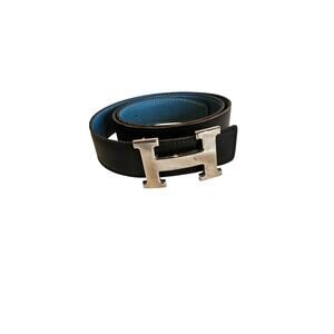 Hermès H-belt reversible black and blue jean Togo box calf leather strap